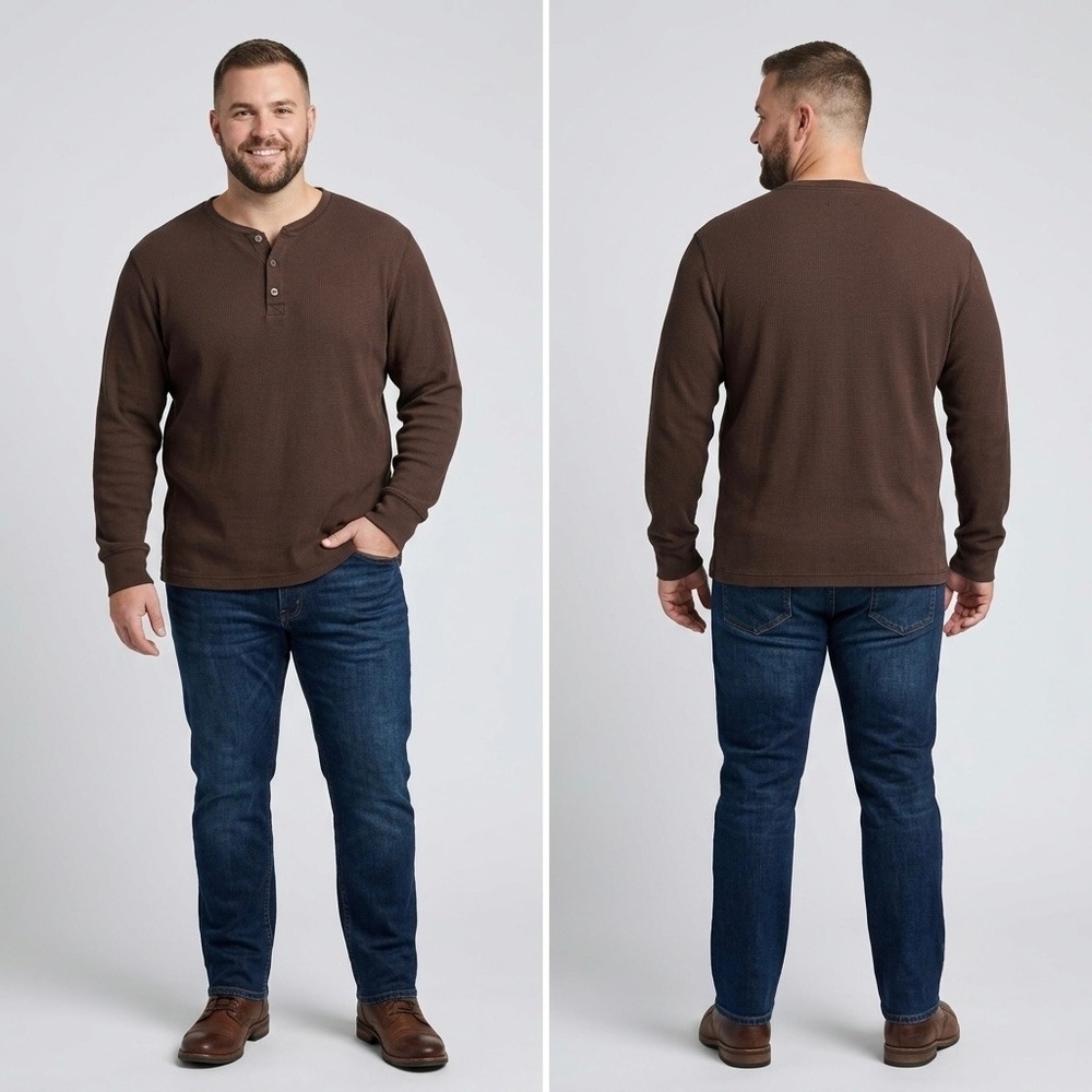 Foundry Big and Tall Mens 3XL Brown Waffle Knit Henley Long Sleeve Thermal Shirt